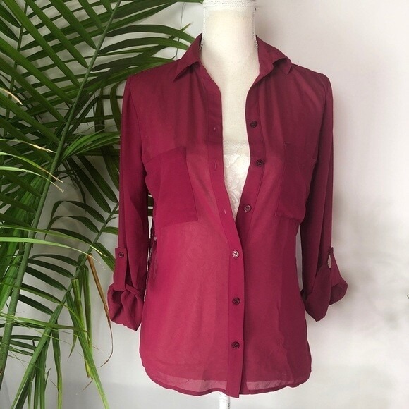 Burgundy‎ Sheer Button Up Blouse with Lace Back, Long Sleeve Shirt Y2K - Picture 2 of 7